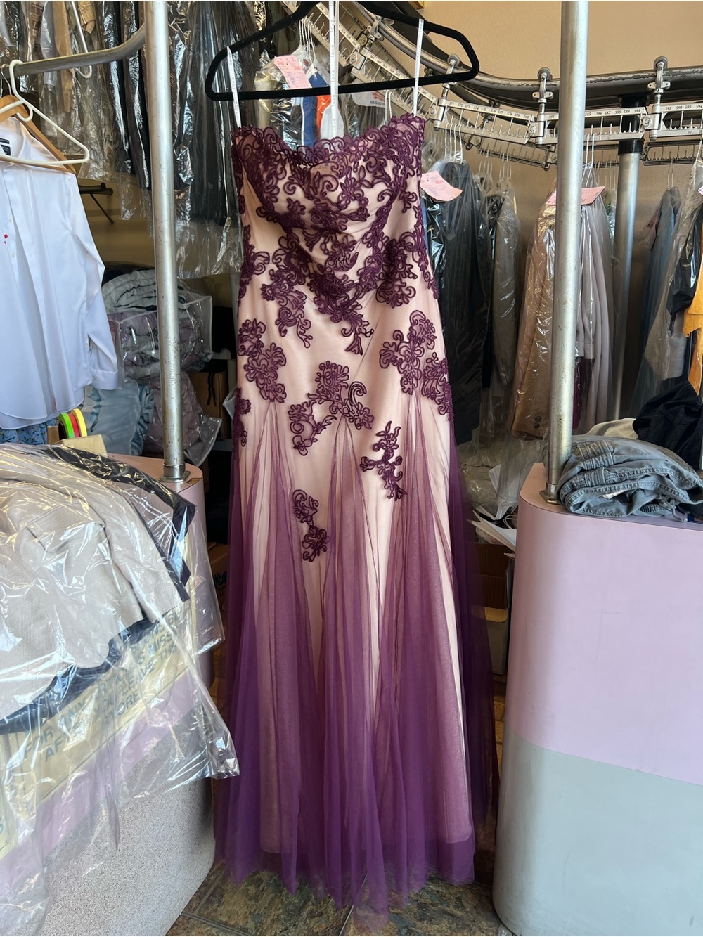 Strapless Purple Embroidered Tulle Evening Gown